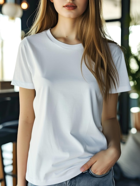 Mockup for design Woman in white tshirt in front