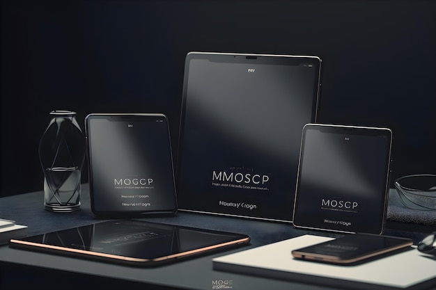 Foto mockup di tablet digitale e smartphone su tavolo nero rendering 3d