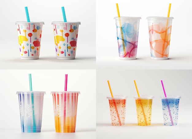 Mockup Disposable Paper Cups With Straws On White Background Wi