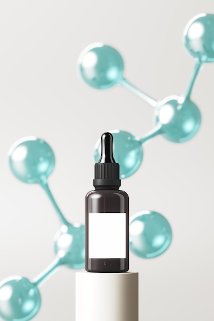 mockup dropper bottle on platform and blur molecules background abstract background for cosmetic