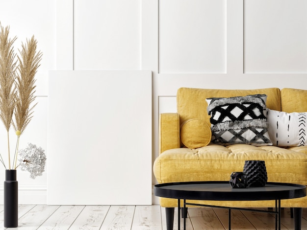 Mockup een poster, gele bank in Scandinavische design woonkamer, witte achtergrond, 3d render, 3d illustratie