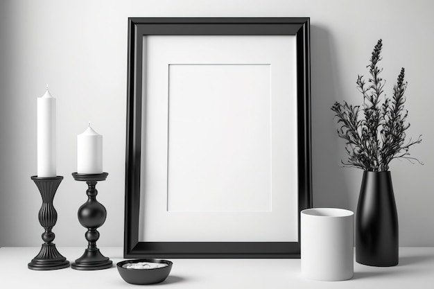 Mockup Een zwarte fotolijst en witte en zwarte handgemaakte siervazen sieren het interieur Home decor