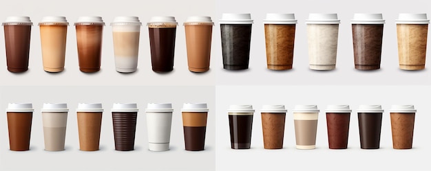 Mockup The Eight Most Common Coffee Cups And Their Lid On A Tra