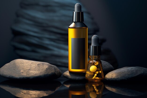 Photo mockup of elegant dropper bottle on the background of rocks