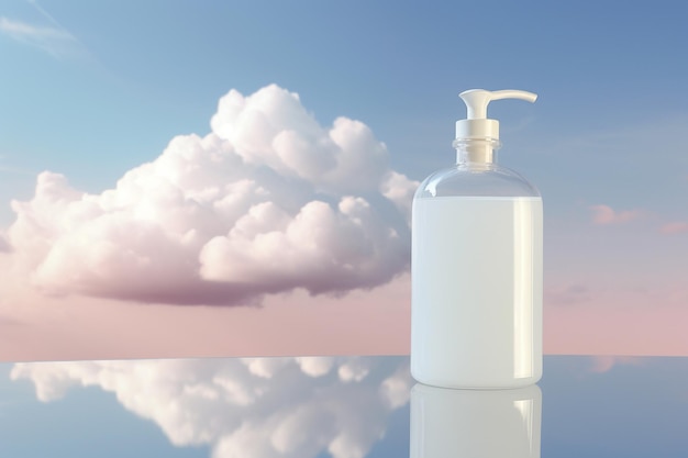 Mockup of elegant lotion pump bottle On the background of bright clouds