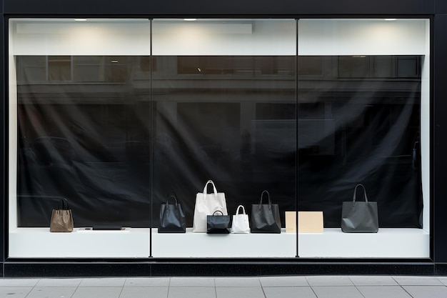 Photo mockup empty bag of for clothing store in the frontage window i