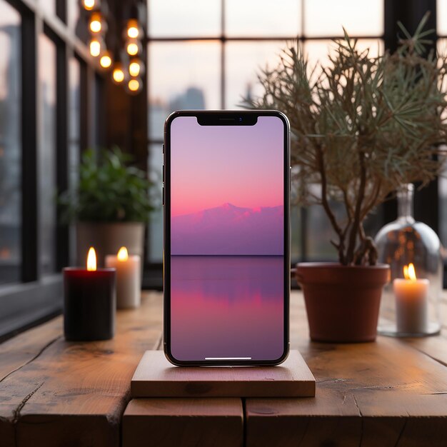 Photo mockup empty blank smartphone onwood desk with a pink