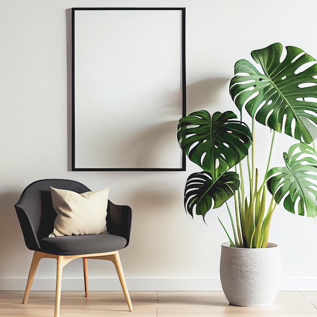 Mockup of empty frame displayed inside room interior with white wall background and monstera plant pot nearby