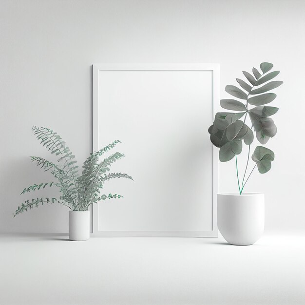 Mockup of empty frame displayed inside room interior with white\
wall background and plant pot nearby