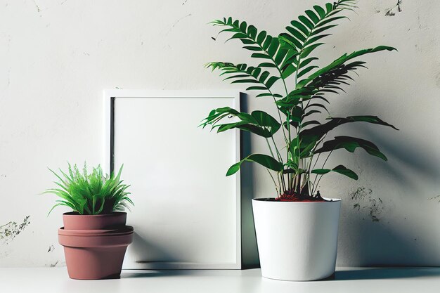 Mockup of empty frame displayed inside room interior with white\
wall background and plant pot nearby