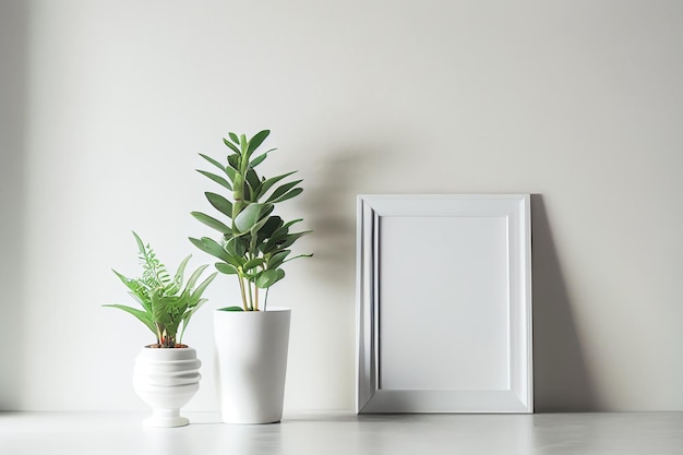 Mockup of empty frame displayed inside room interior with white wall background and plant pot nearby