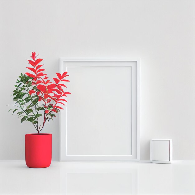 Mockup of empty frame displayed inside room interior with white
wall background and red plant pot