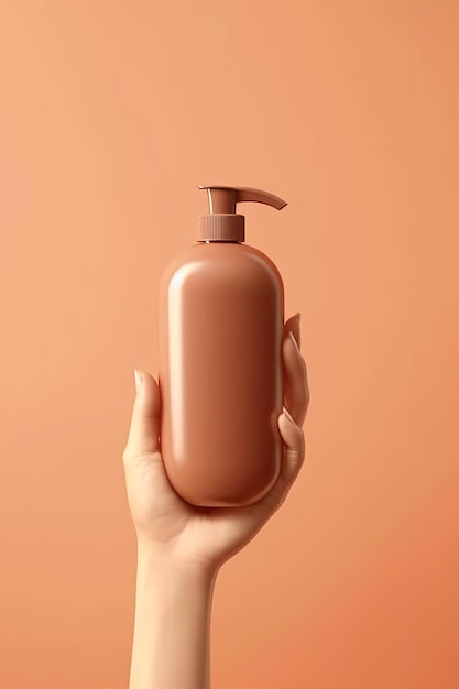 Mockup empty hand holding bottle of shampoo on brown pastel background 3