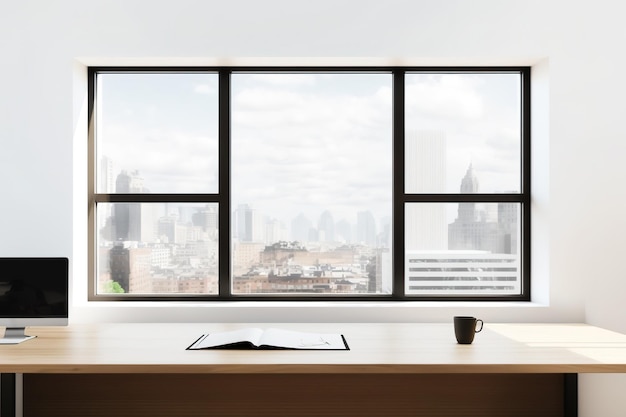 Mockup of an empty office with a wooden table and a wide window in the background