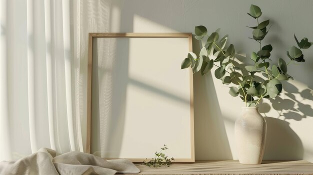 Mockup of an empty poster frame in a white wall living room with a wooden sideboard with small green plants