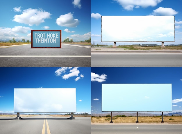 Фото Макет пустого дорожного рекламного щита на фоне голубого неба.