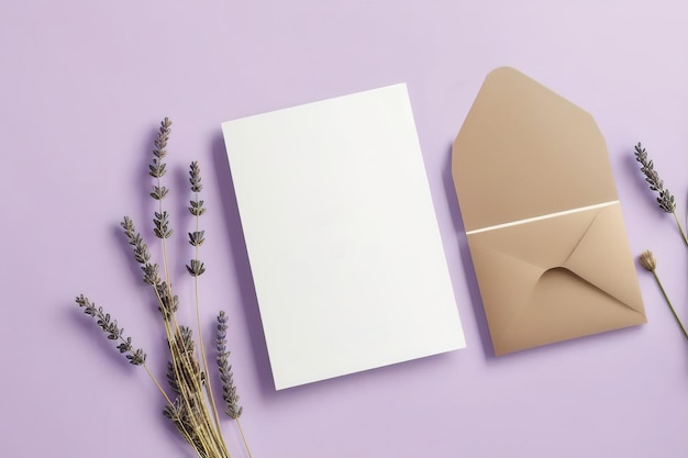 Mockup of an empty sheet of paper and dried flowers on the table Minimalist postcard design