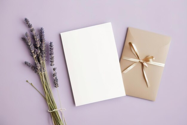 Mockup of an empty sheet of paper and dried flowers on the table Minimalist postcard design