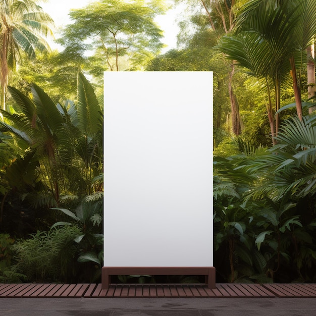 Mockup of an empty white color long poster in the street on a garden background with palm trees