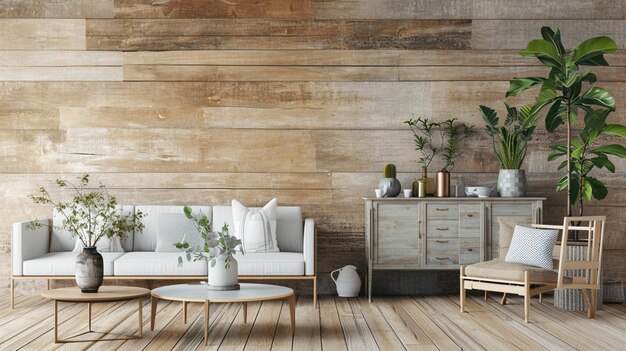 Foto mockup sullo sfondo interno della fattoria farmhouse rustic indoor living room wall ai generative.