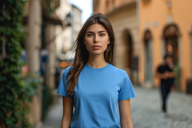 Mockup Featuring A Woman Wearing A Blue TShirt On The Street