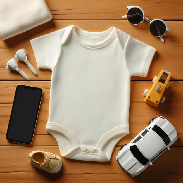 Foto mockup flat lay van wit baby bodysuit hemd adorable baby essentials collection