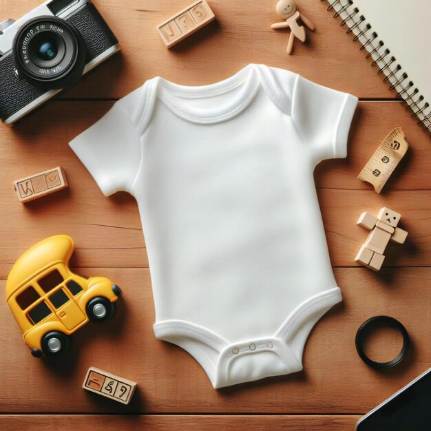 Foto mockup flat lay van wit baby bodysuit hemd adorable baby essentials collection