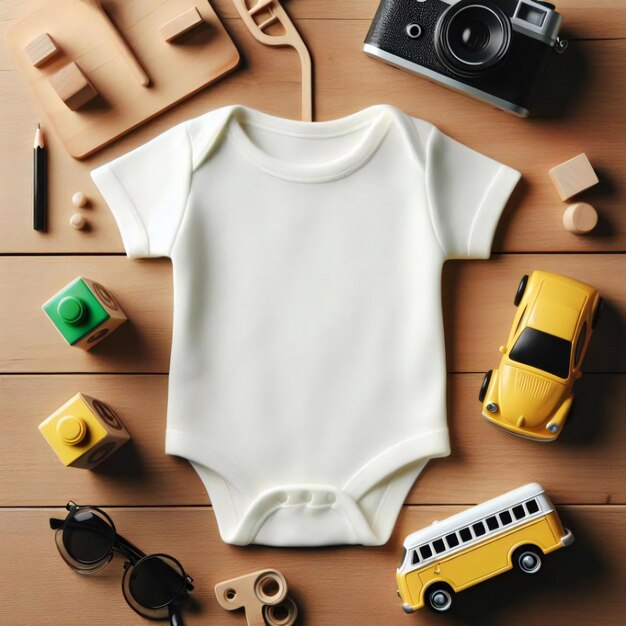 Mockup Flat Lay van wit baby bodysuit hemd Adorable Baby Essentials Collection