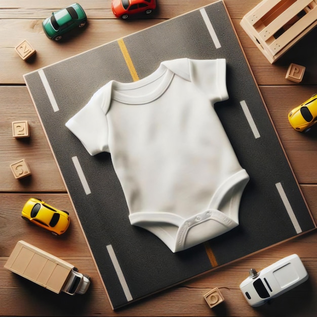 Mockup Flat Lay van wit baby bodysuit hemd Adorable Baby Essentials Collection