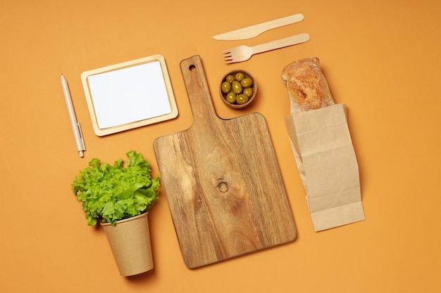 Mockup flat lay with cooking accessories recipe concept on beige background