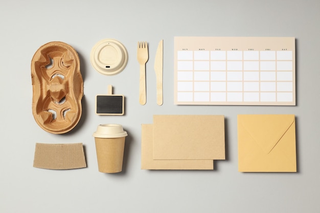 Mockup flat lay with craft accessories on light gray background