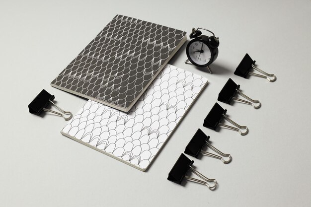 Mockup flat lay with different office accessories on light gray background