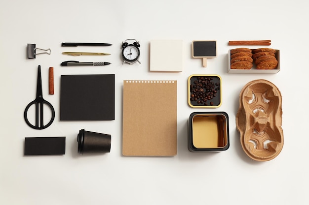 Mockup flat lay with different office accessories on white background