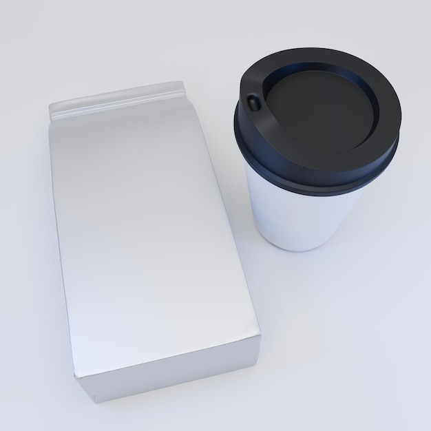 Photo mockup of foil pouch packaging and coffee cup top view perspective isolated on white background