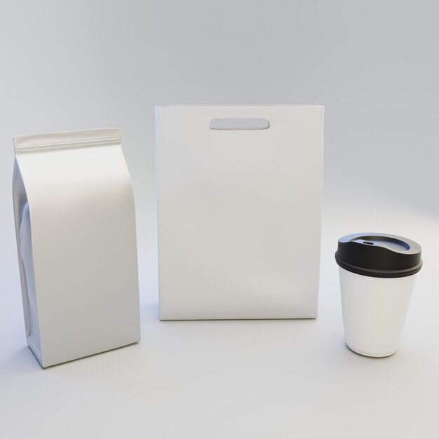 Mockup of foil pouch packaging paper bag and coffee cup Top view perspective isolated on white bac