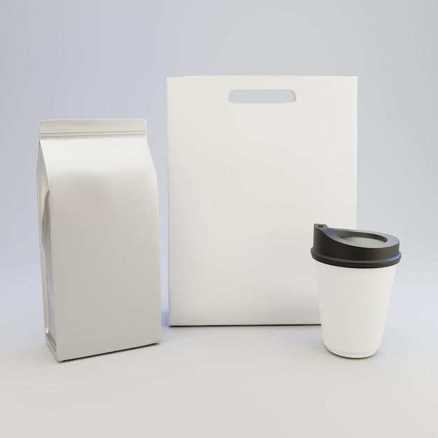Mockup of foil pouch packaging paper bag and coffee cup Top view perspective isolated on white bac