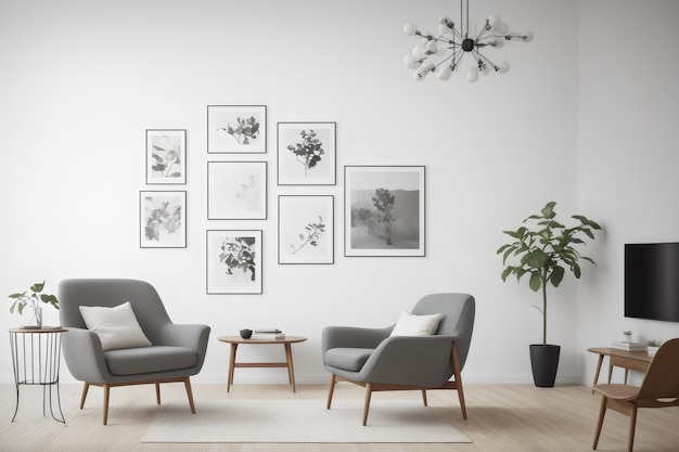 mockup fotolijsten in woonkamer interieur met stoel en decorscandinavische stijl