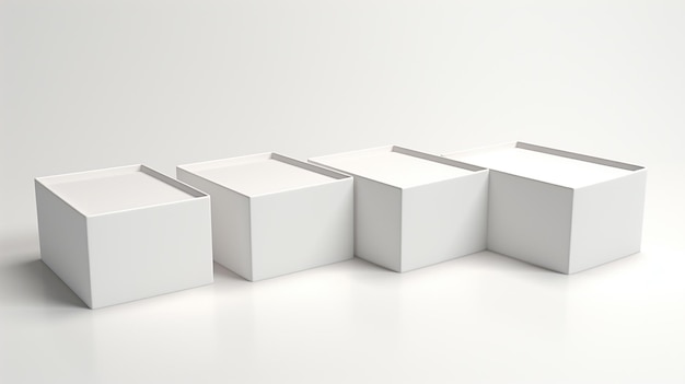 Photo mockup four open white boxes with labels on white background ro