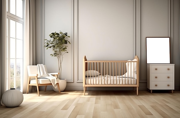 Mockup of a frame in the background of a unisex children's room interior using a 3D render