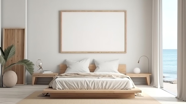 Mockup frame in bedroom interior background Coastal boho style Generative Ai