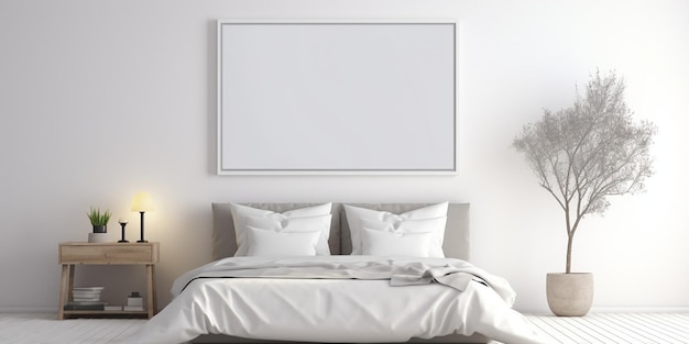 Mockup frame in bedroom interior background room in light pastel colors Generative AI