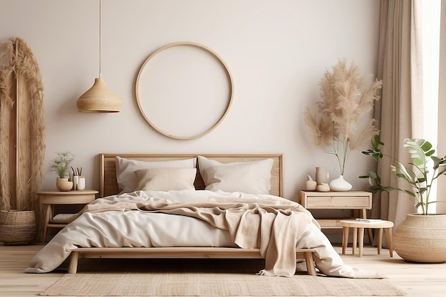 Mockup frame in bedroom interior background with natural wooden furniture Scandinavian boo style 3d