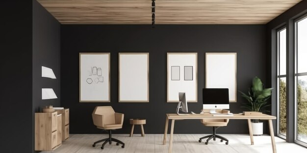 Photo mockup frame canvas in wooden black office room with minimalist furniture generative ai aig18