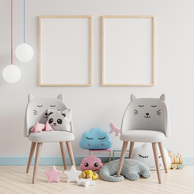 Mockup frame in the children39s room with gray armchair on wall white background