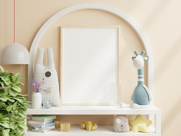 Mockup frame in the children39s room with white shelf on cream color wall