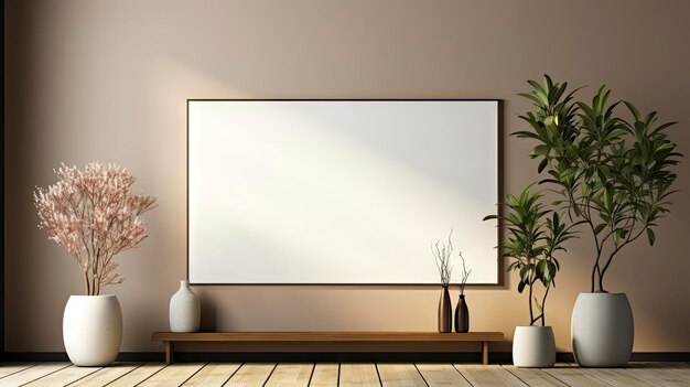 Mockup frame in cozy beige bedroom interior background