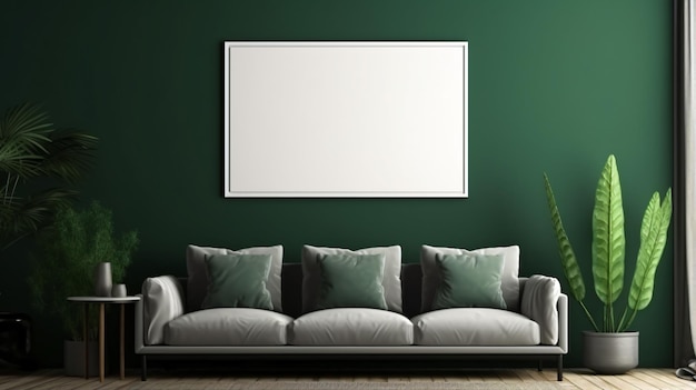 Mockup Frame in Dark Green Home Interior with Sofa