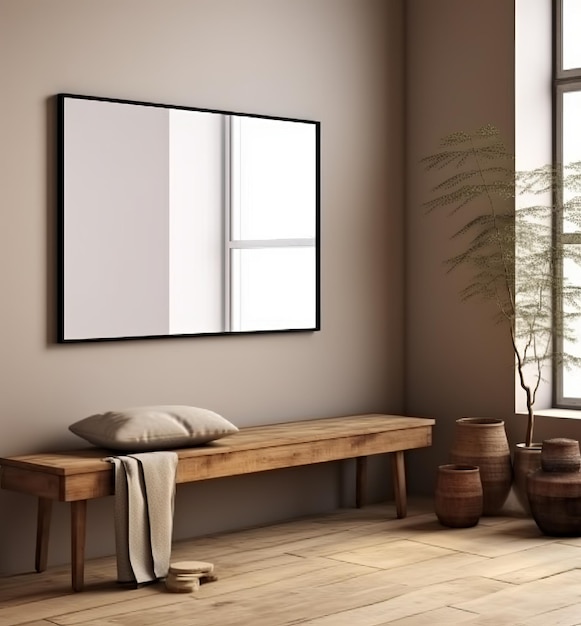 Mockup frame in farmhouse living room interior with 3D render