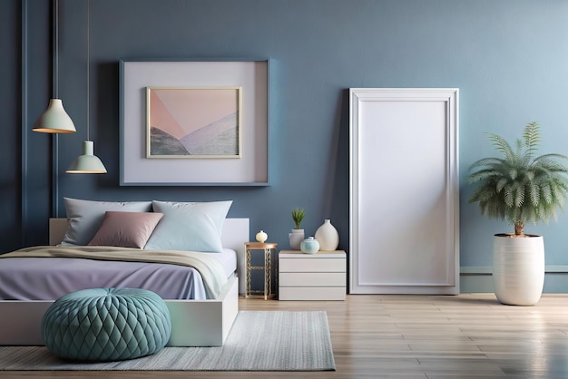 写真 モダンな家具を備えた寝室のモックアップフレーム画像