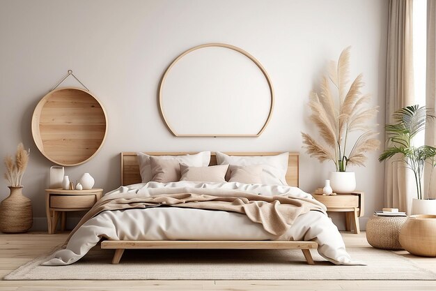 Mockup frame in slaapkamer interieur achtergrond met natuurlijke houten meubels Scandinavische boo stijl 3d